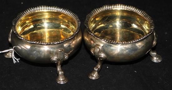 A pair of George II silver bun salts, with gilt interiors, gadroon rims and hoof feet, London 1750, maker Peter Taylor